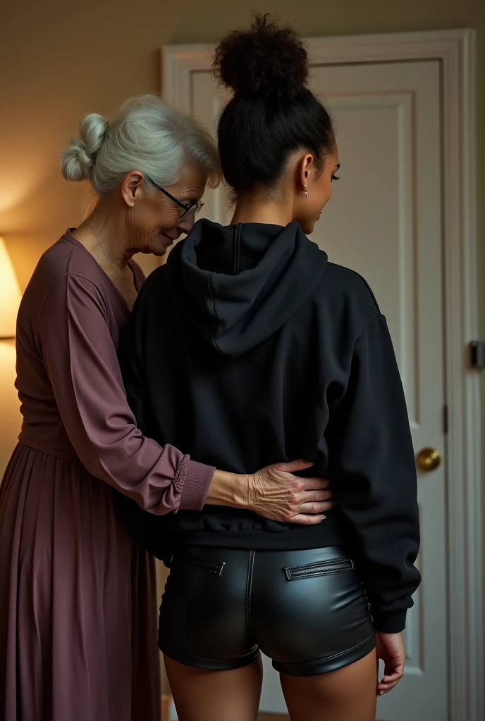 black woman hair in a bun black hoodie black leather short shorts being fucked in the ass by a old grandma in a dress