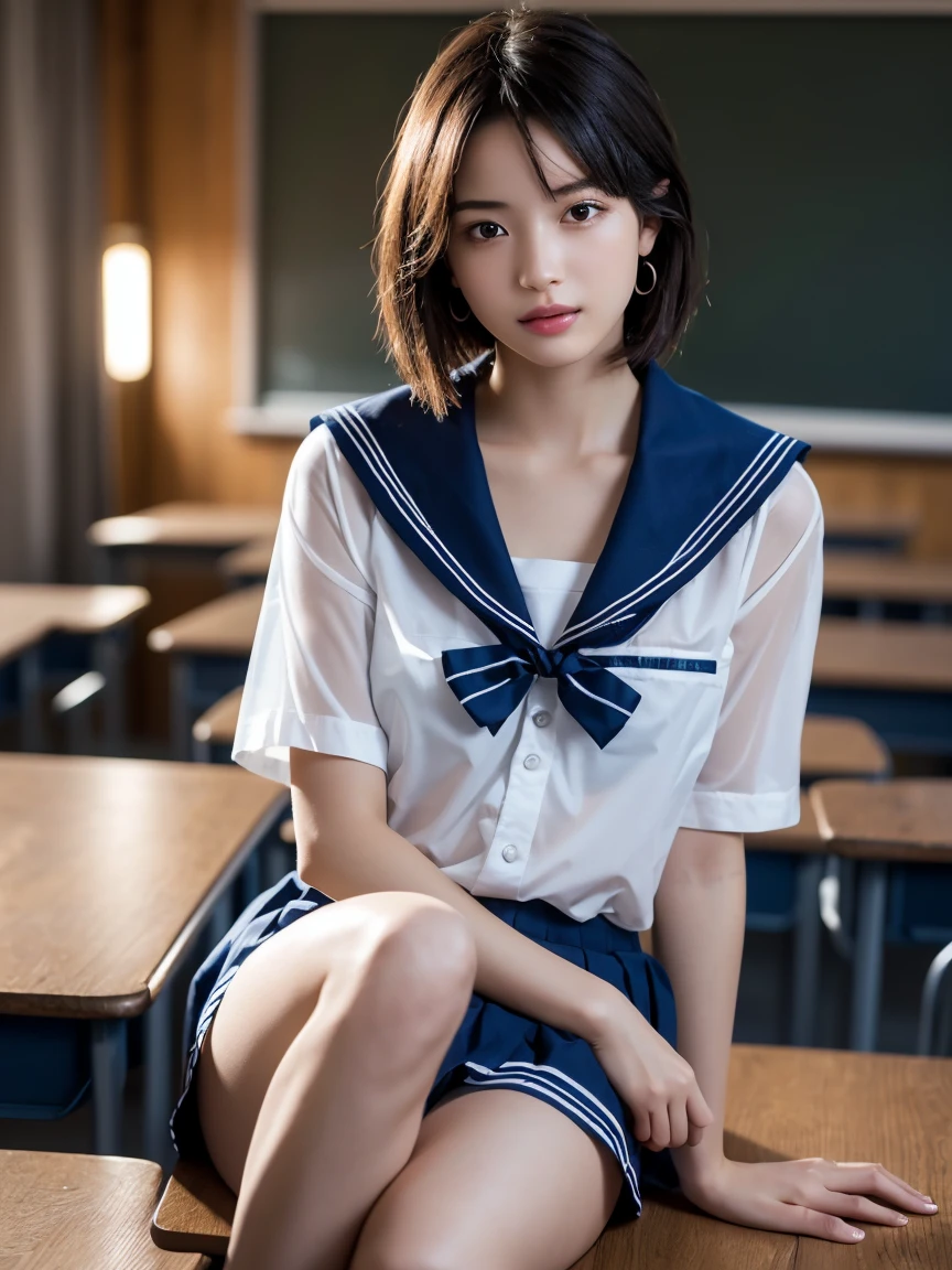 masterpiece:1.2, Very detailed, Ultra-high resolution, Realistic, photo Realistic:1.6, High-resolution RAW color photos, Professional photos, Sharp focus:1.2, Very detailed顔と肌の質感, Very beautiful eyes, Glossのある肌, Glowing Skin, Glowing Skin, Shining Face, Gloss, Oily skin, greasy face, Oily skin, greasy face,, real Glossのある肌 texture, Perfect Anatomy, Very detailed背景,(High school classroom at night),1 female,25-year-old woman, Japanese women,height: 168cm,short hair, Straight hair, bangs, Brown Hair,((Flat Chest:1.6)),Slender legs, (See-through white short-sleeved sailor suit、Navy blue pleated mini skirt:1.5、Sexy T-panties under skirt),((A sailor uniform that was wet from the rain and very transparent:1.5)),Earrings,(Put your feet on the desk:1.6、Sit on a desk)