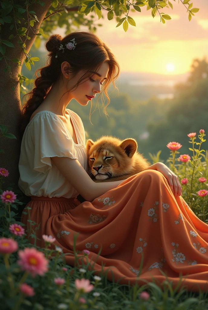 Create the image of Doryth from the book Mahico de Oz with a lion and a puppy sleeping around a field of poppies