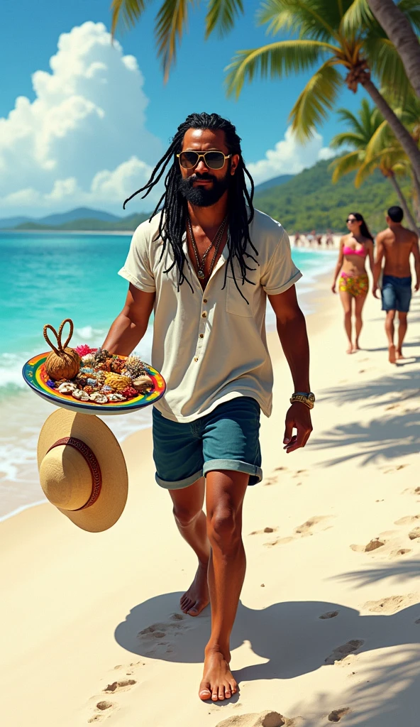create the image of a street vendor on a beach in Venezuela. The vendor is a white Venezuelan man with a builtfat type of body, he is a bit fat, a product of sun and exercise. His long, thick black hair is delicately braided and adorned with fine yellow highlights that contrast with his tanned skin. His hairline type is rectangular shaped. He has an asian van dyke 
 black beard . His eyes are protected by modern sunglasses, which give him a relaxed and carefree air. His clothing is casual and summery: beach shorts that reveal his thick and slightly muscular legs and a loose t-shirt, ideal for the tropical climate. His appearance conveys positive energy and a relaxed lifestyle. The colorful braids and handmade accessories complement his bohemian look and connected with nature. He is around 30 years old, he is an extroverted person, with a free and adventurous spirit. His job as a seller of handmade jewelry suggests an artistic sensibility and a deep respect for nature, since his products are made with organic materials such as snails. The place where he sells is a paradisiacal beach, with fine white sand, the turquoise sea stretching to the horizon. The sun shines brightly, creating a warm and welcoming atmosphere. A gentle sea breeze caresses the skin and the sound of the waves breaking on the shore accompanies the scene. The seller walks at a leisurely pace along the shore of the beach, leaving footprints in the sand. His bare feet feel the soft texture of the sand as he looks out to sea. In one hand he carries a colorful tray with his handmade creations, necklaces and shell bracelets, which he proudly displays to potential buyers. His other hand gently swings a straw hat, which protects his face from the sun. Tourists strolling along the beach are attracted by his unique and original products, stopping to admire his creations and chat with the seller.