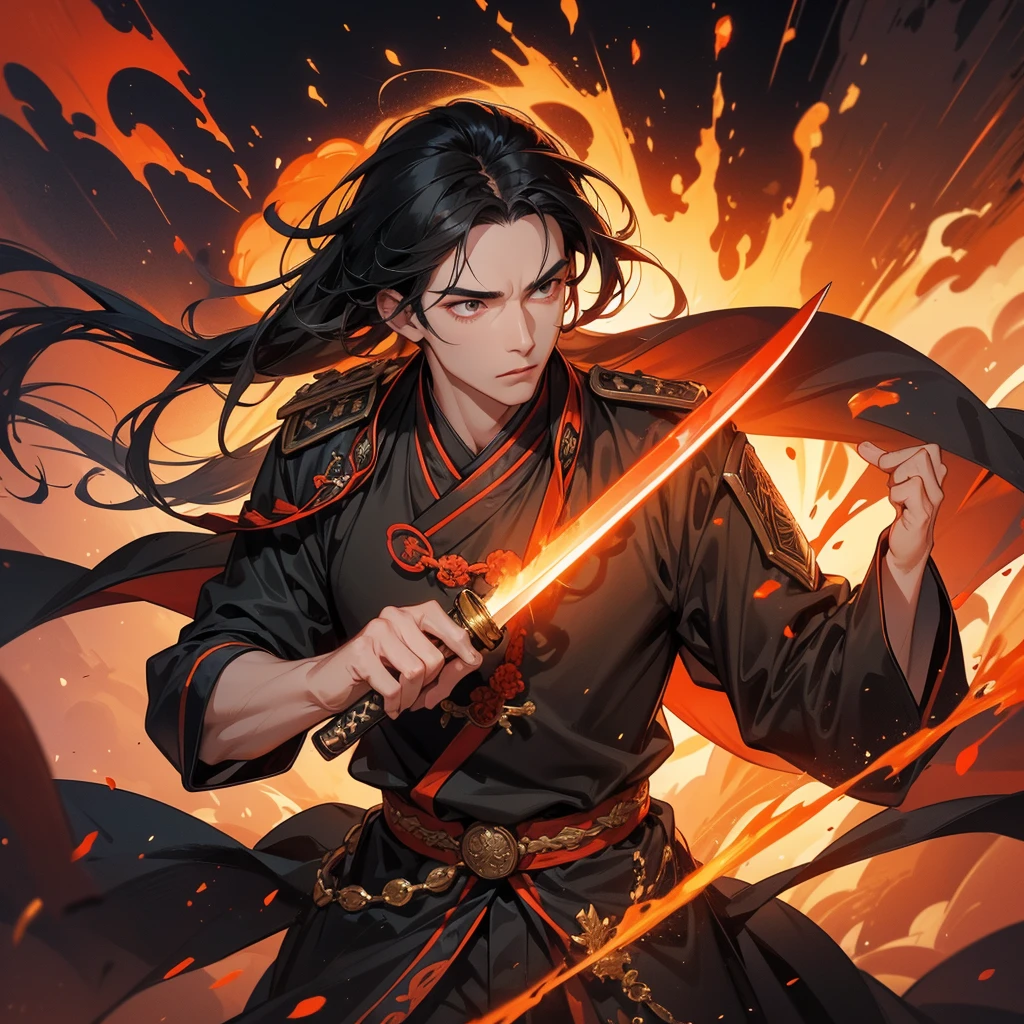 Handsome black-haired male general holding a large sword in black ancient Chinese general costume, Surrounded by a volcano erupting, red and orange, surrounded by volcanic rocks, sunset, close up.