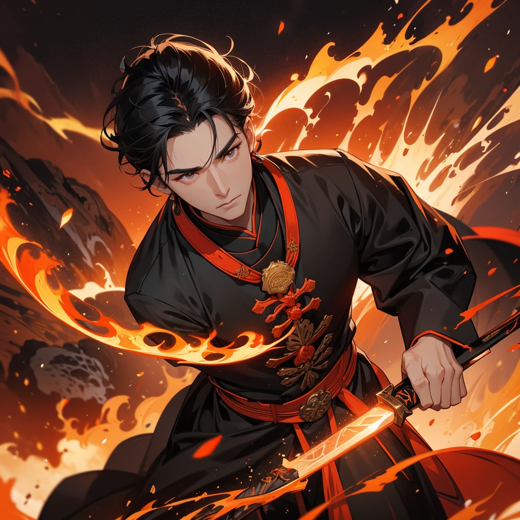 Handsome black-haired male general holding a large sword in black ancient Chinese general costume, Surrounded by a volcano erupting, red and orange, surrounded by volcanic rocks, sunset, close up.
