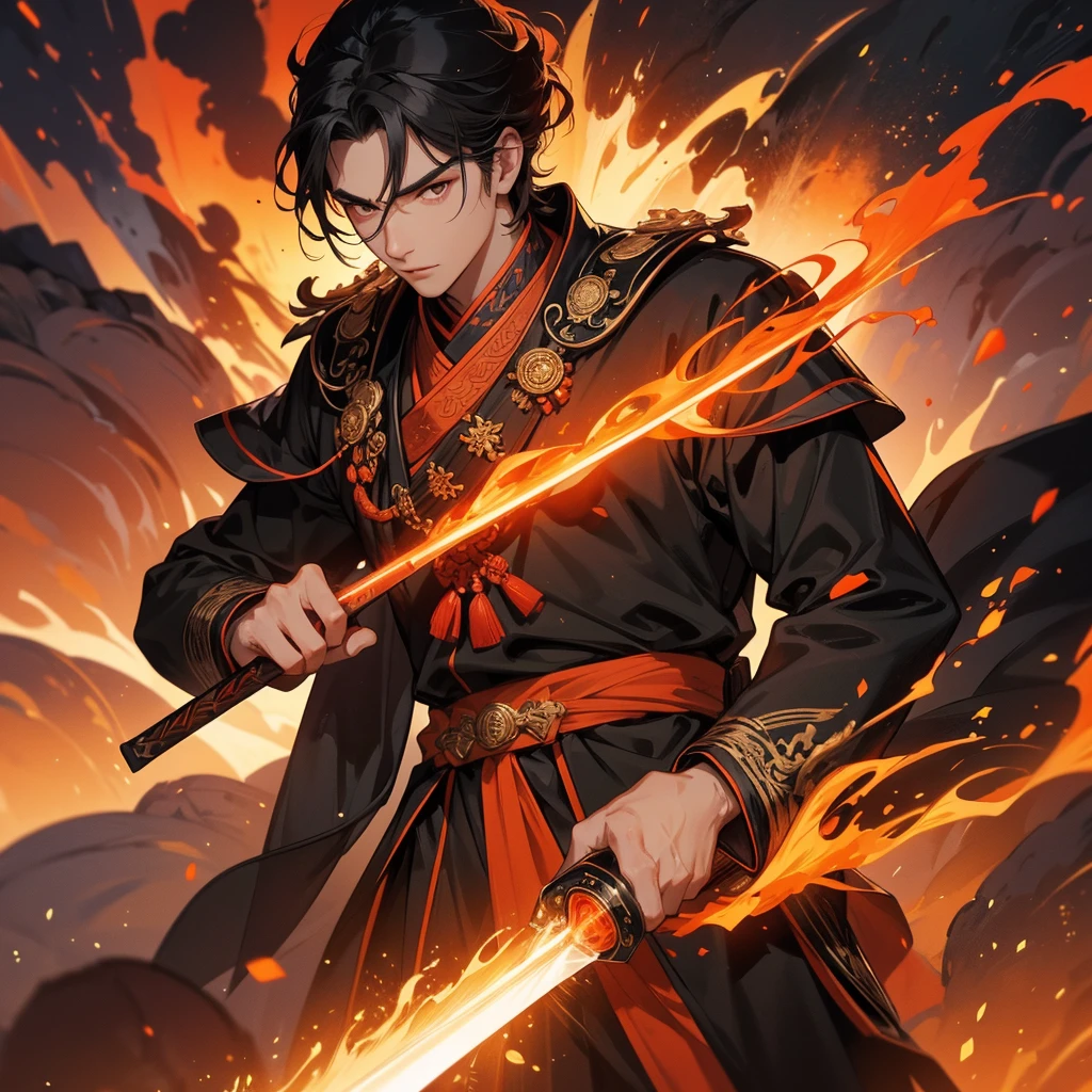 Handsome black-haired male general holding a large sword in black ancient Chinese general costume, Surrounded by a volcano erupting, red and orange, surrounded by volcanic rocks, sunset, close up.