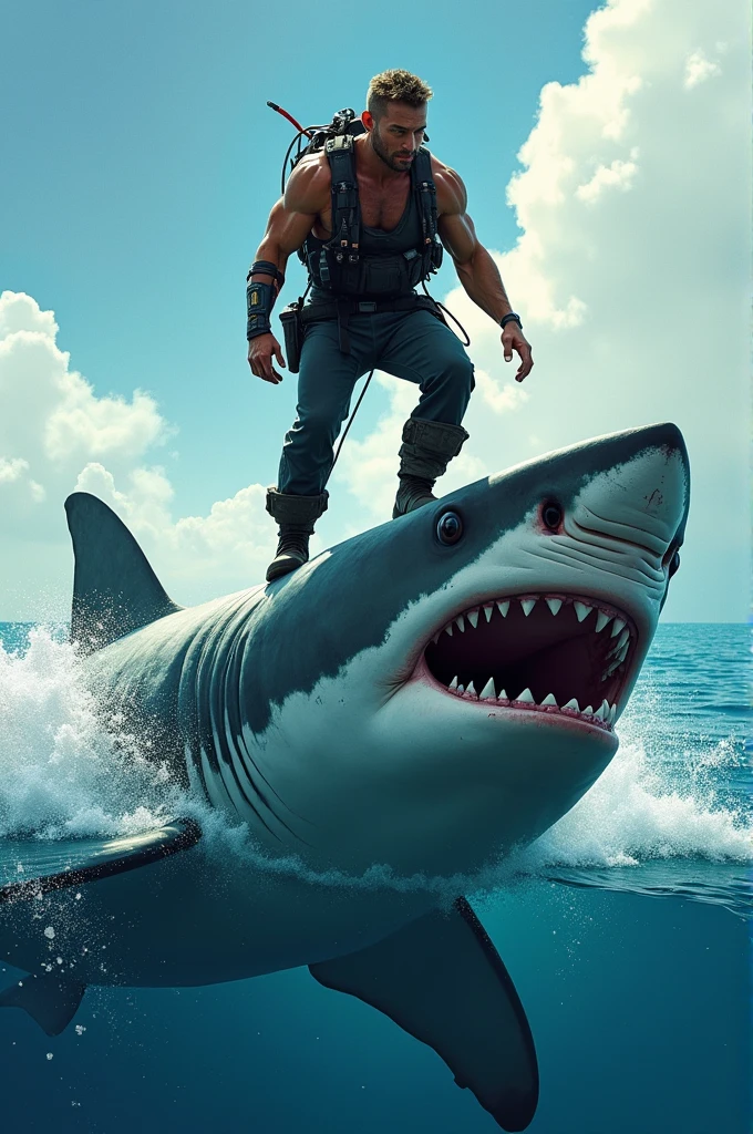 Man on top of shark where the man's face can be seen