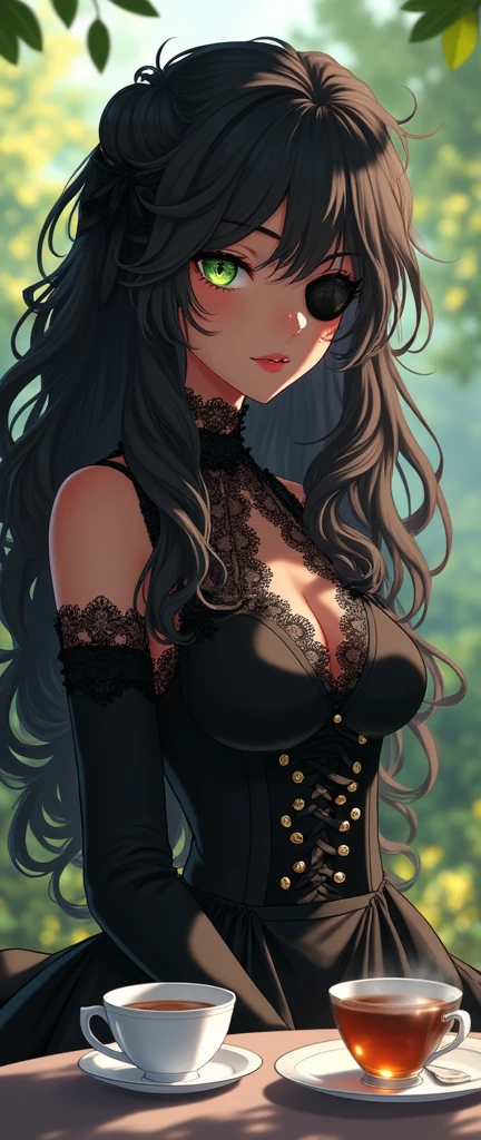 Make anime style. From a BLACK woman with long black curly hair, green eyes wearing a black Victorian outfit and covering the body, with a left eye patch, and some moles on the face. Having afternoon tea outdoors 