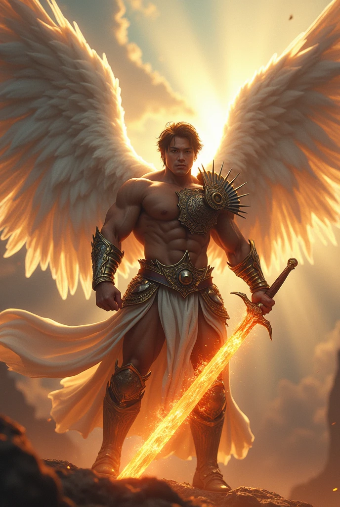 masterpiece, best quality, realistic, ultra detailed, movie poster style, dungeons and dragons character design, celestial, bruneian man with round face, muscular, fashionable dark hair, radiant white angel wings, sexy heavy armor, flying mid-air, dramatic slashing with flaming sword towards camera, god rays, perfect fingers, perfect hands, perfection