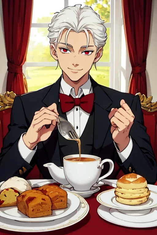 Perfect face. Perfect hands. A young white haired man with red eyes in a butler uniform is serving scones while smiling in a fancy butler cafe