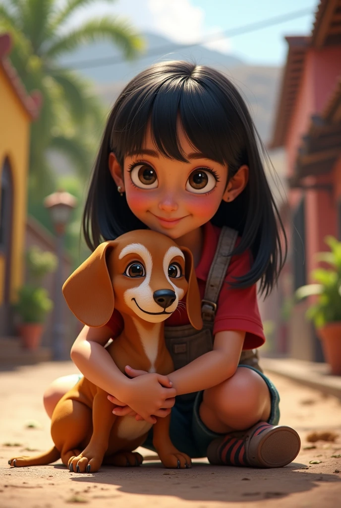 from this platform: "There is a small dachshund that has white spots around its eyes., She has a light brown body and a teenager who is hugging her, straight black hair and brunette in Guaranda Ecuador.