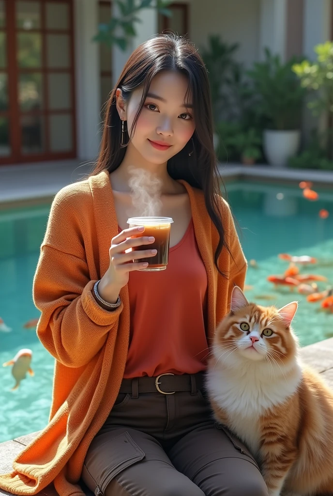 Beautiful Korean girl, white skin, well-groomed face, thin smile, facing forward, long straight black hair tied, orange knit jacket, red t-shirt, dark brown cargo pants, wearing a cool watch, sitting by the pool with lots of koi fish swimming, holding hot coffee, a big Angora cat, with a very beautiful luxury house in the background, original photo