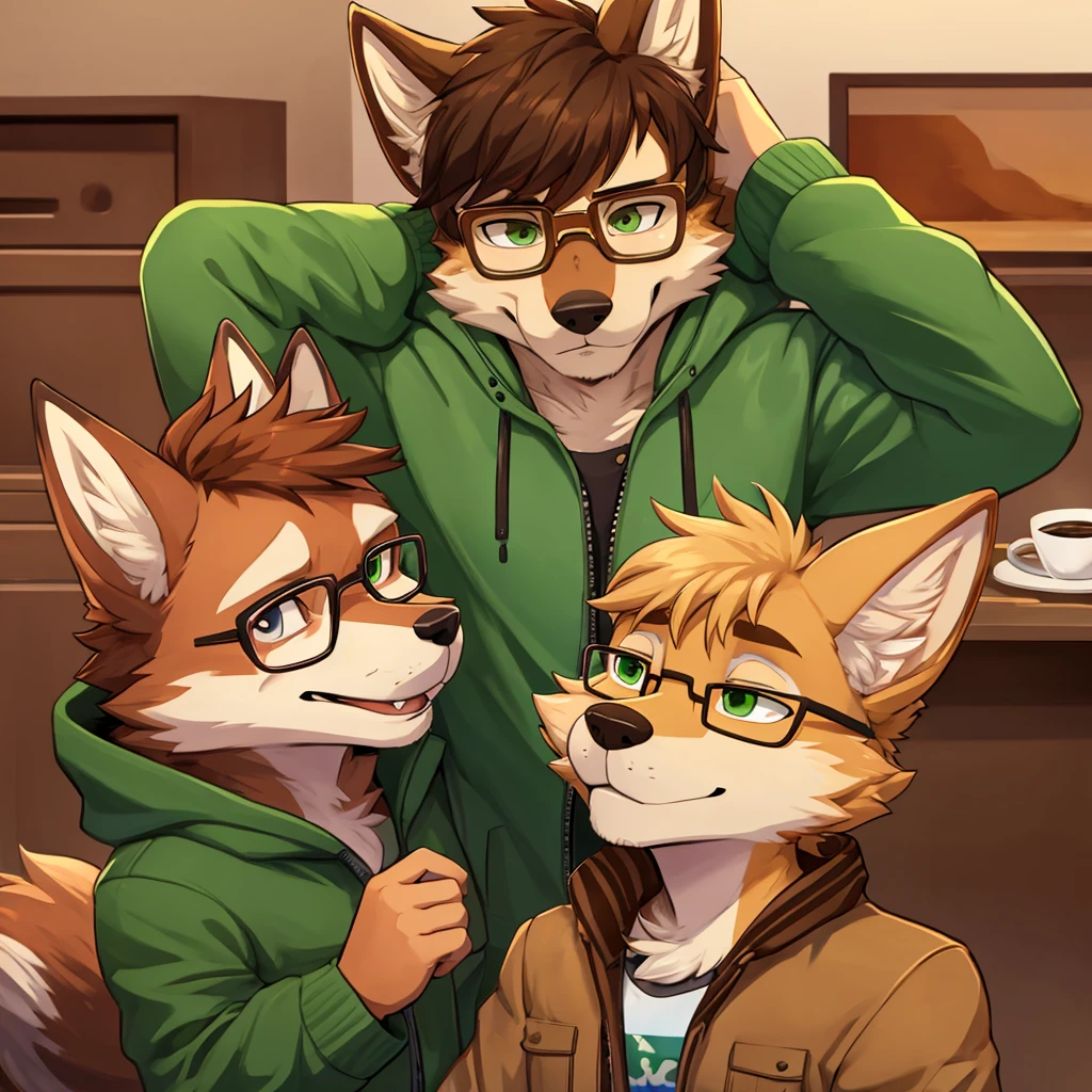 furry art, cartoonish, the coyote race, short hair ,wavy coffee down, The fur on the face of the muzzle is peach-colored., From his nose to his forehead he has a strong brown stripe, He wears an open green jacket and has glasses