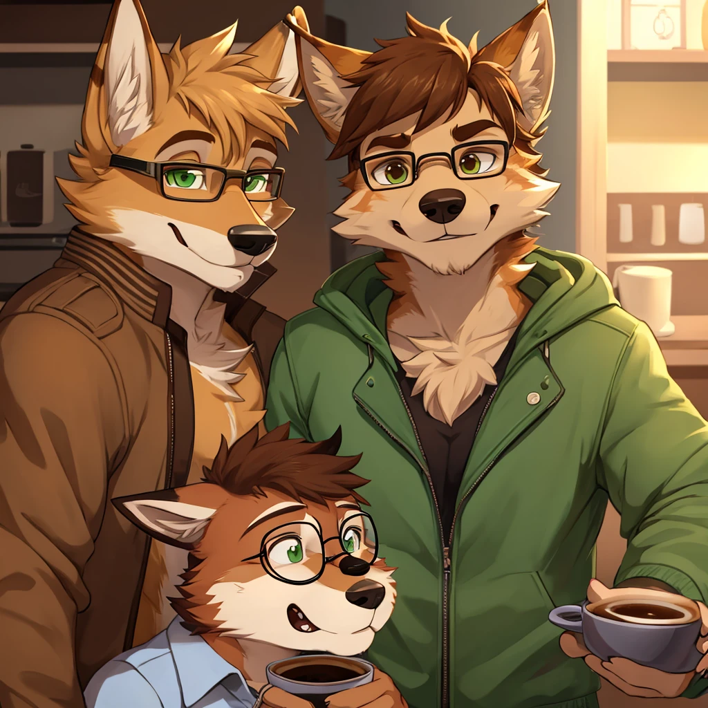 furry art, cartoonish, the coyote race, short hair ,wavy coffee down,  The fur on the face of the muzzle is peach-colored., From his nose to his forehead he has a strong brown stripe, He wears an open green jacket and has glasses 