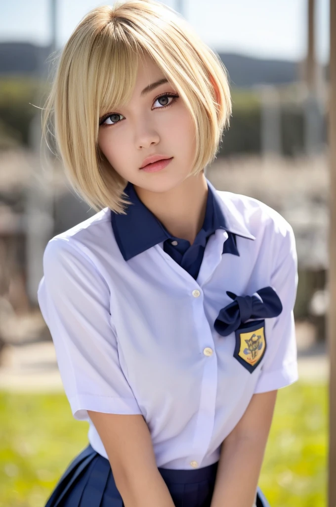 photo, (school uniform:1.4), (schoolyard:1.2), a photorealistic portrait of a stunningly beautiful woman with detailed make-up, extremely detailed eyes, detailed symmetric realistic face, extremely detailed natural texture, messy hair, masterpiece, extremely detailed, (school uniform:1.3), (schoolyard:1.5), amazing, fine detail, rich colors, hyper realistic lifelike texture, dramatic lighting, trending on artstation, looking at the viewer, photo realistic, RAW photo, ((blond hair:1.4)), (short hair:1.8), high quality, sharp focus, extremely detailed, cinematic lighting, 8k uhd, ab, Best quality, masterpiece, ultra high res, (photorealistic:1.4), 1girl, shiny skin, Best quality, masterpiece, ultra high res, (photorealistic:1.4), 1girl, deep shadow, shiny skin, Gorgeous 22-year-old girl, short bangs, soft pale skin, 