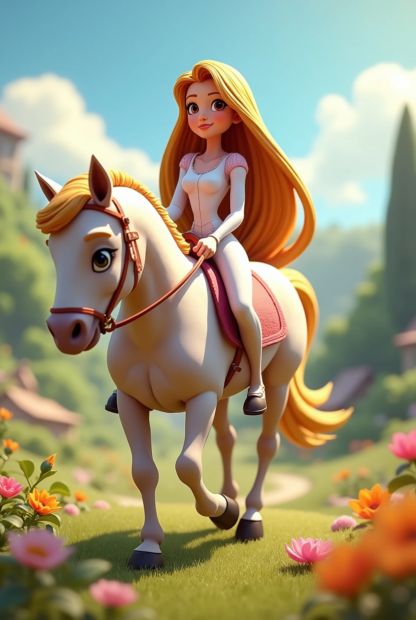 Rapunzel and white horse, tangled up, rapunzel, bottom half naked, white horse, cum