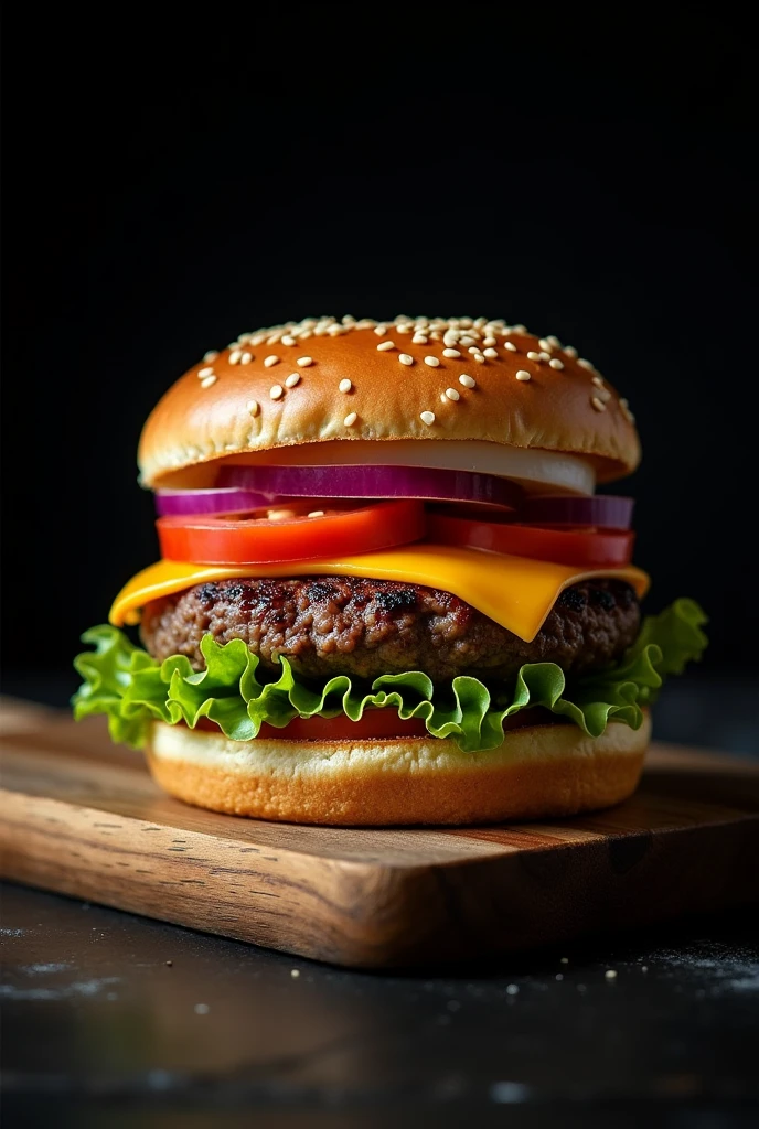 a burger with a sesame seed bun, just a burger and a slice of cheddar cheese, lettuce and tomato, red onion, the image needs to have a black background and the photo needs to be a bit amateurish, like a restaurant itself
