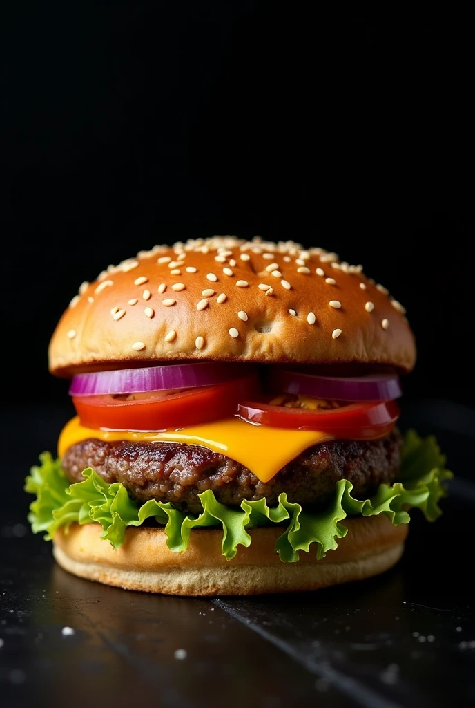 a burger with a sesame seed bun, just a burger and a slice of cheddar cheese, lettuce and tomato, red onion, the image needs to have a black background and the photo needs to be a bit amateurish, like a restaurant itself