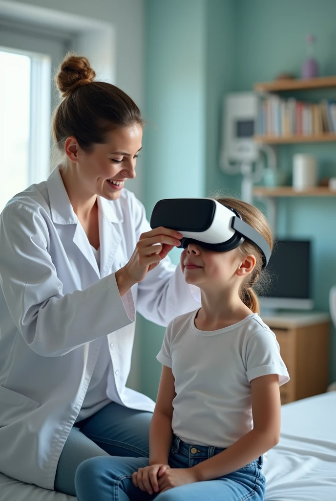 Realistic image of a physiotherapist placing a virtual reality headset on a child undergoing walking rehabilitation