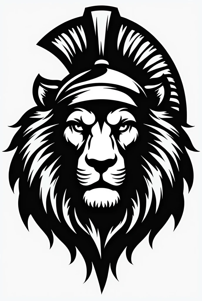 create a lion head with spartan helmet, black and white, icon, no details