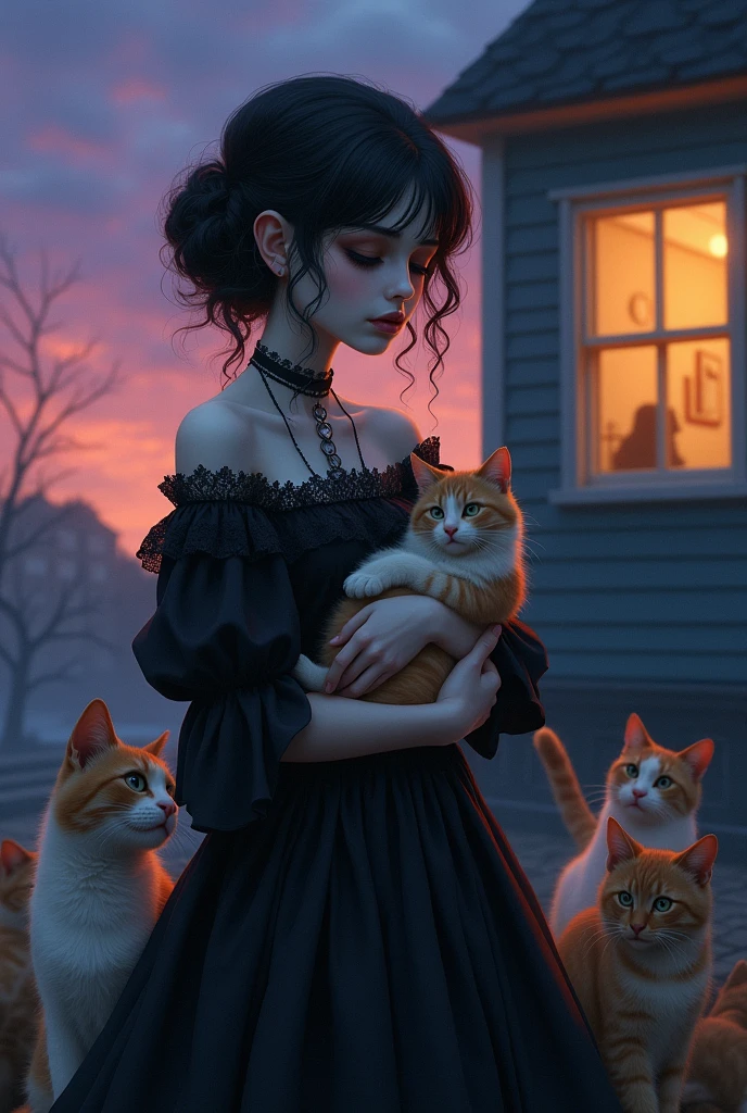 A girl in gothic clothing with a cat in her arms and a veterinary office behind her, Going to shelter the 15 cats that were outside walking on the ground with a purple and blue sunset
