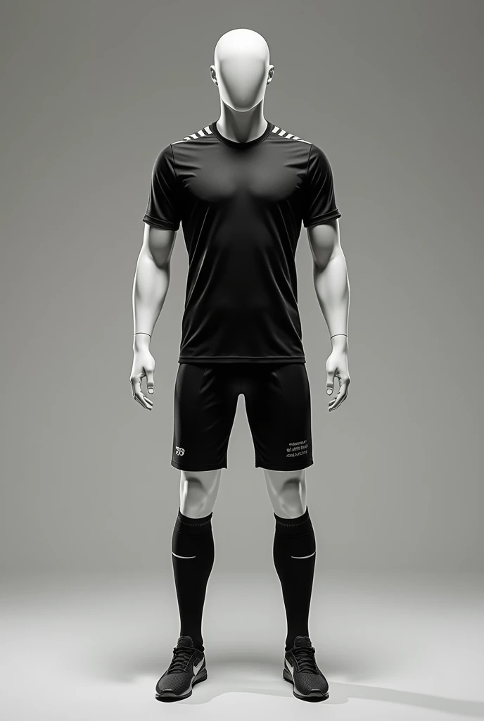 Beautiful football uniform with black tones
, white undershirt, black shorts and black socks, shown on Mannequin