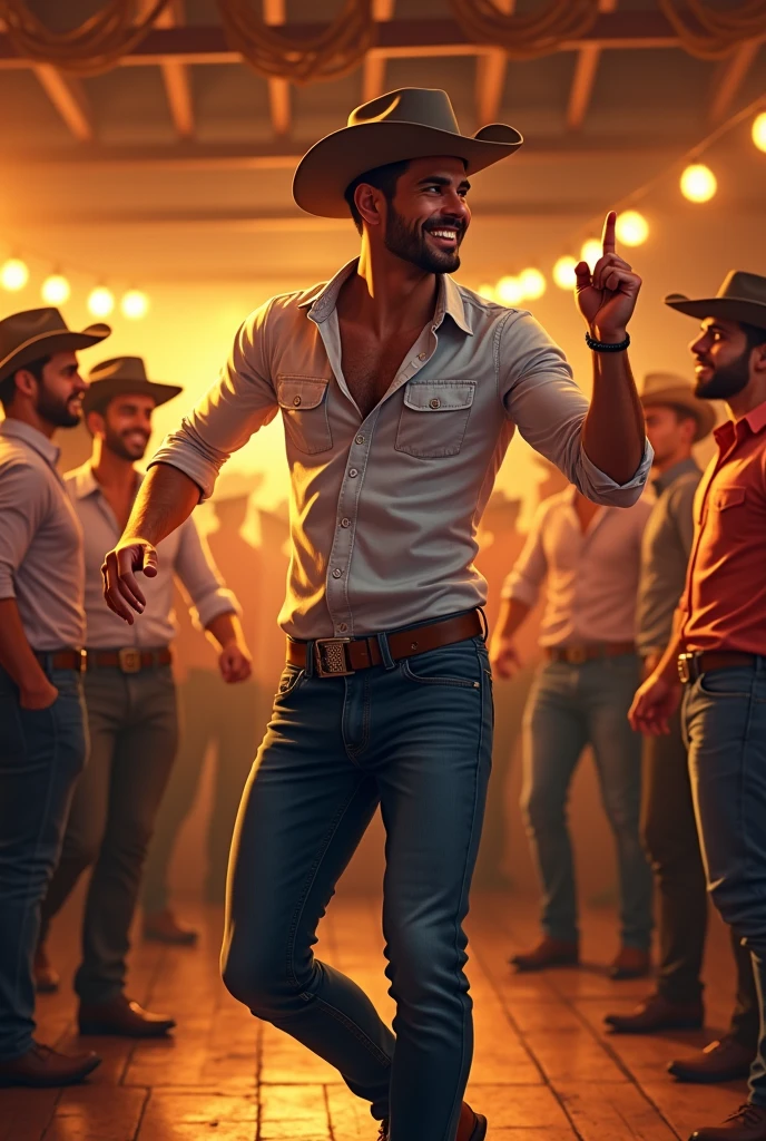 A cute handsome gay man dancing at a cowboy party while other men watch him