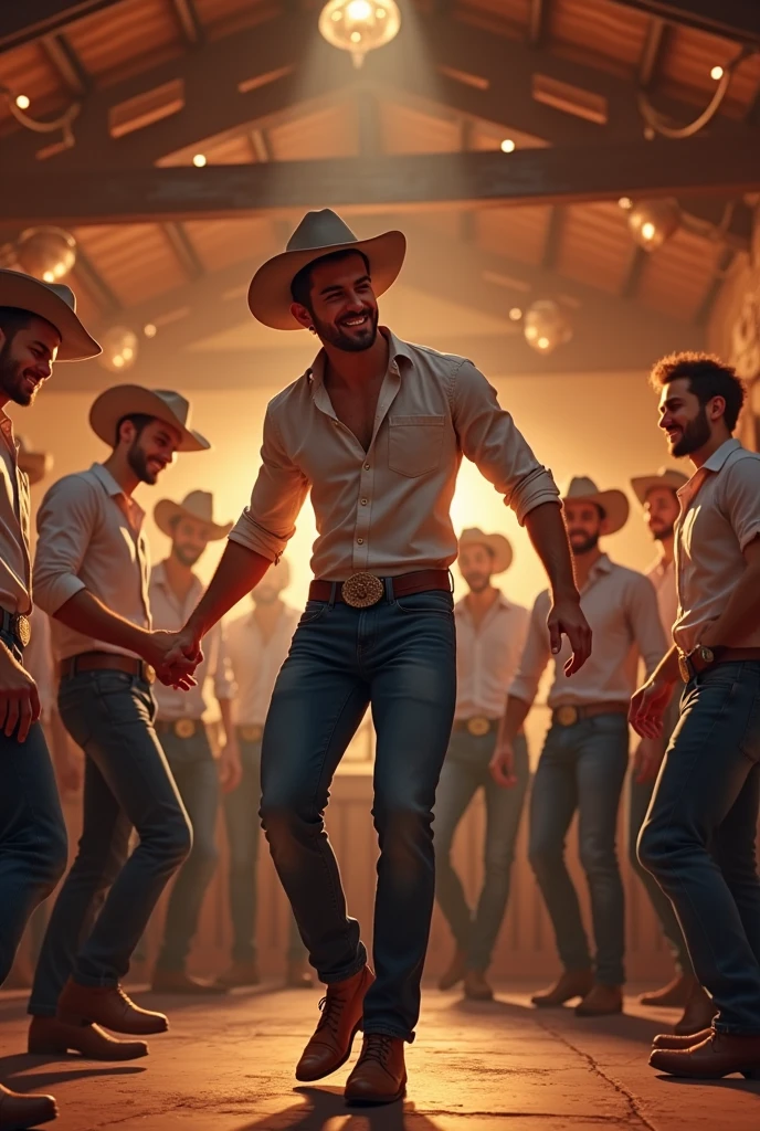 A cute handsome gay man dancing at a cowboy party while other men look at him shirtless cute white skin some wear clothes on