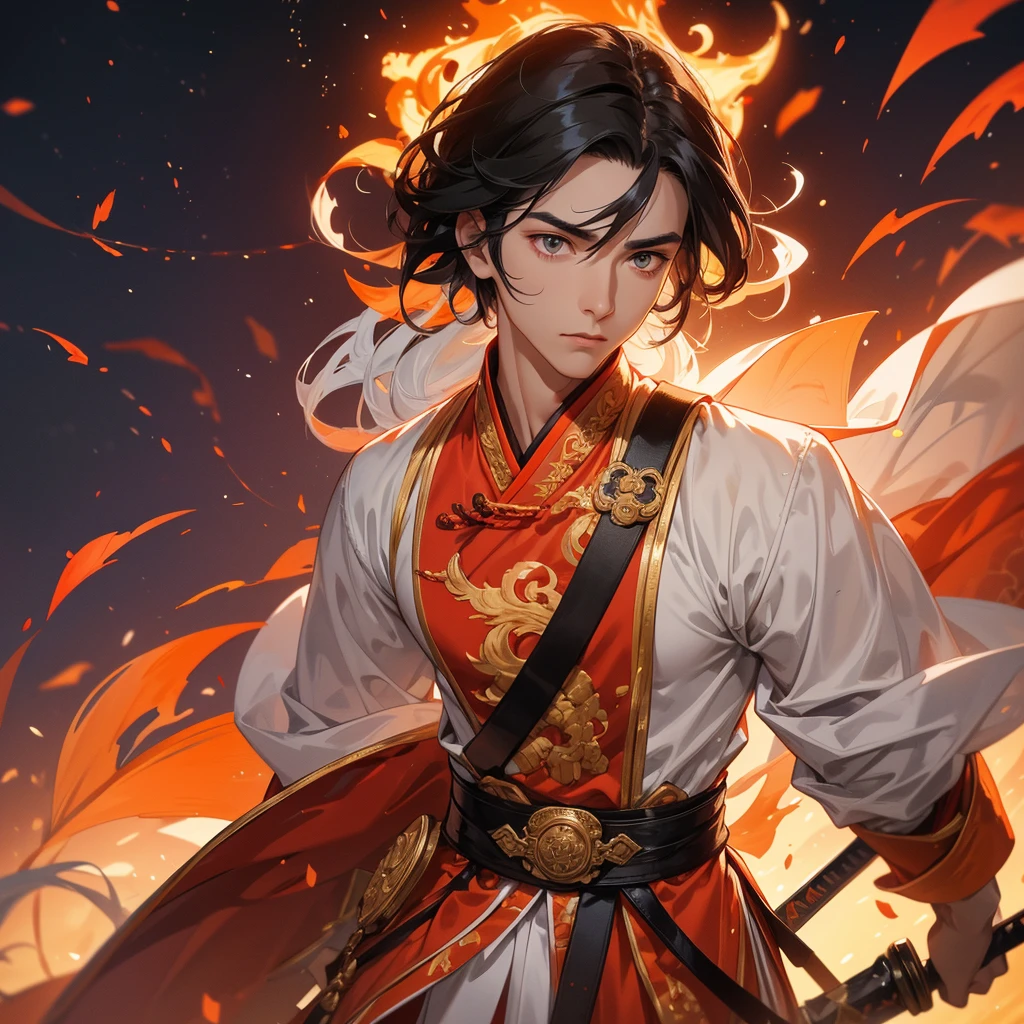 Handsome black-haired male general holding a large sword in white ancient Chinese general costume, Surrounded by a volcano erupting, red and orange, surrounded by volcanic rocks, sunset, close up.