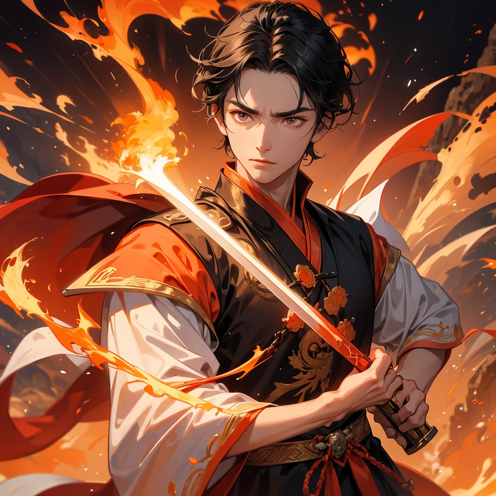 Handsome black-haired male general holding a large sword in white ancient Chinese general costume, Surrounded by a volcano erupting, red and orange, surrounded by volcanic rocks, sunset, close up.