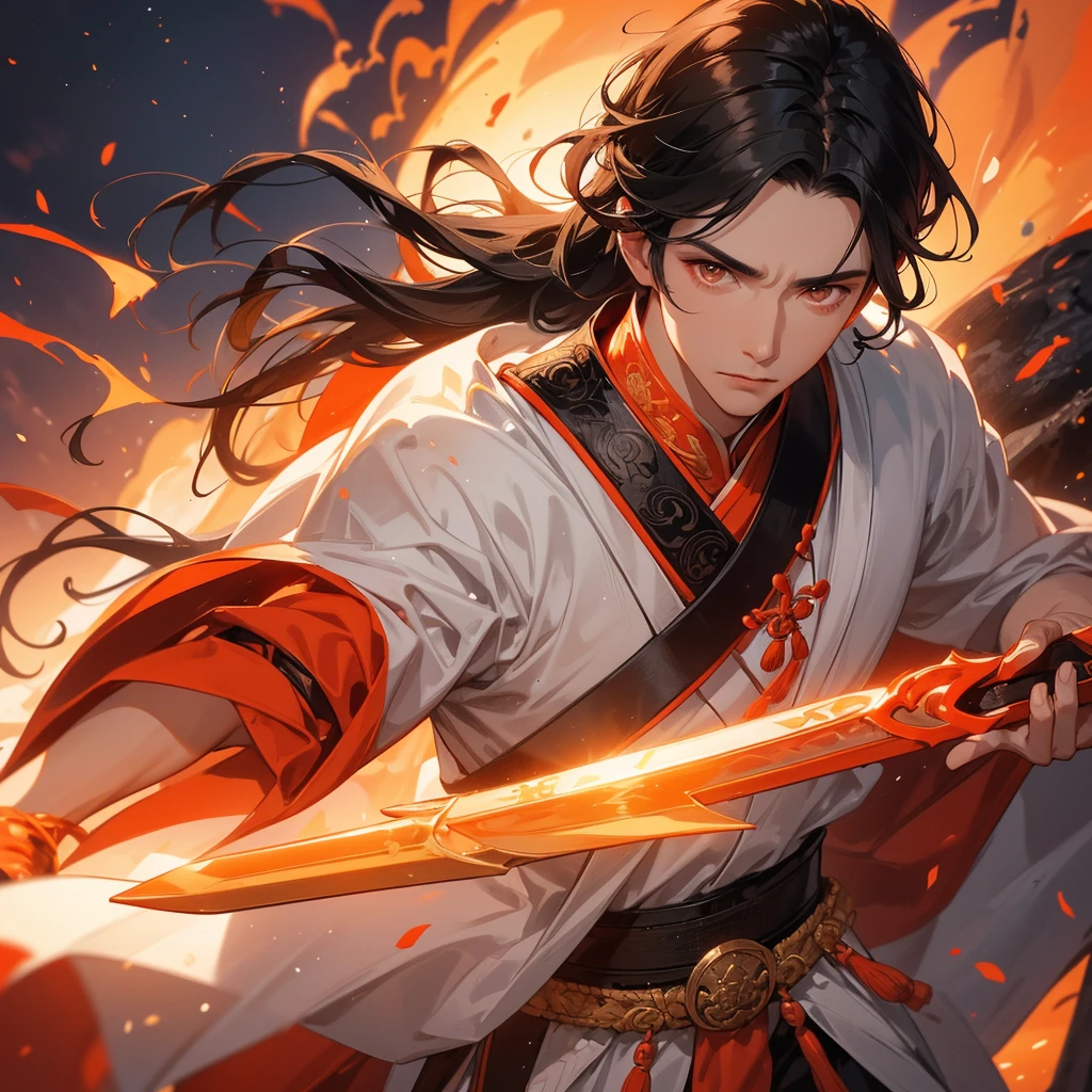 Handsome black-haired male general holding a large sword in white ancient Chinese general costume, Surrounded by a volcano erupting, red and orange, surrounded by volcanic rocks, sunset, close up.