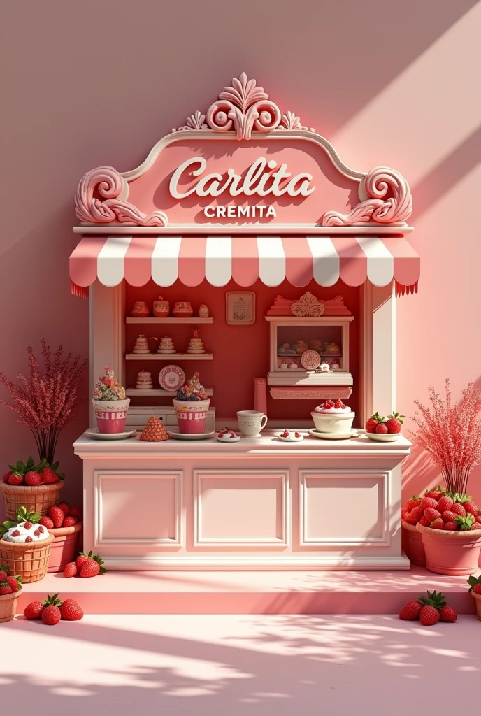 I need a stand design for a strawberry and cream business called Carlita Cremita, at different angles 
