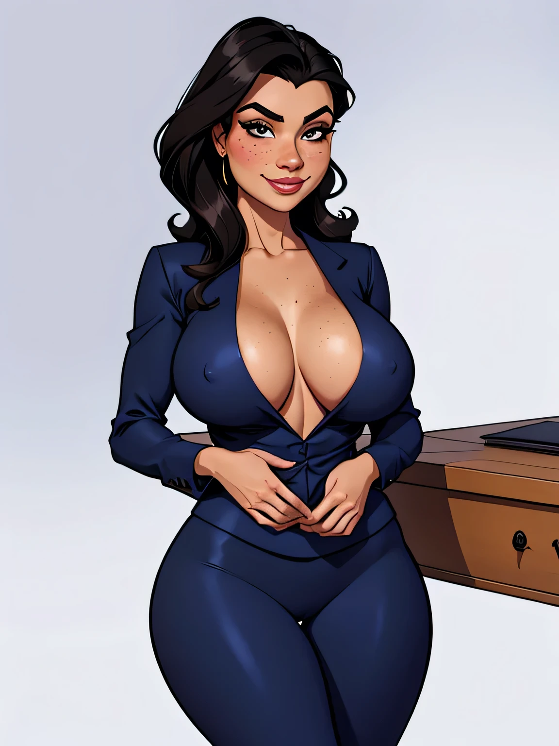 Thin woman, age 25, 4K (High definition), mysterious smile, seducing gaze, eyes browns, wearing business attire (long sleeves), arms positioned at the side of the body, pele caucasiana, straight shoulder-length black hair, standing (trunk), full of curves with freckles on her chest and neck, natural round breasts. High-quality Marvel style, white background.