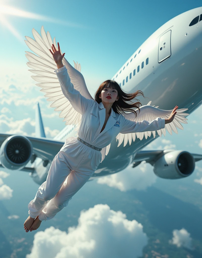 NFSW, photo-realistic, ultra-realistic, very beautiful Japanese, famous Japanese idol, 20 years old, dramatic scene, masterpiece, beautiful eyes, mad scientist, She developed a special ability to fly with wings, flying with ANA's A380, swoop, amazing view from the sky, (very large breasts:1.3), acrobatic pose, dynamic angle, wearing dynamic outfits for mad scientis