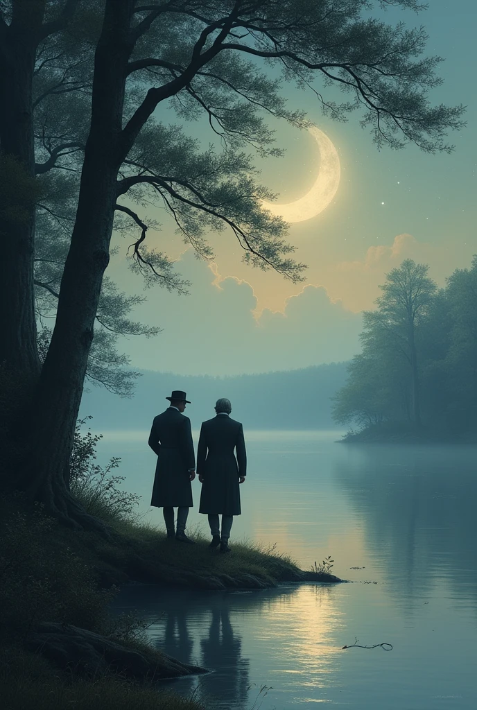 Two men walking near a lake at night, European Romanticism era

