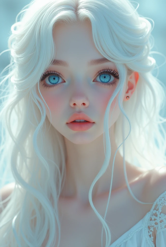 Beautiful girl with white hair and pink skin and blue eye