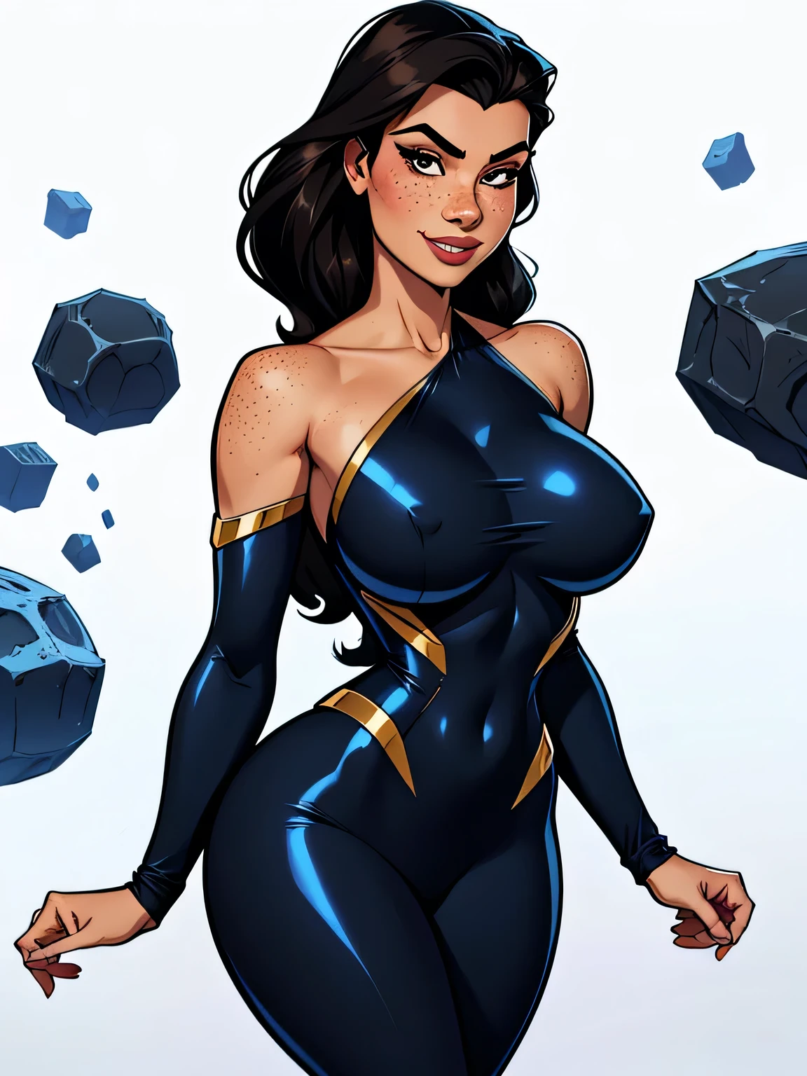 Thin woman, age 25, 4K (High definition), mysterious smile, seducing gaze, eyes browns, Wearing formal clothes (long sleeves), arms positioned at the side of the body, pele caucasiana, straight shoulder-length black hair, standing (trunk), full of curves with freckles on her chest and neck, natural round breasts. High-quality Marvel style, white background.