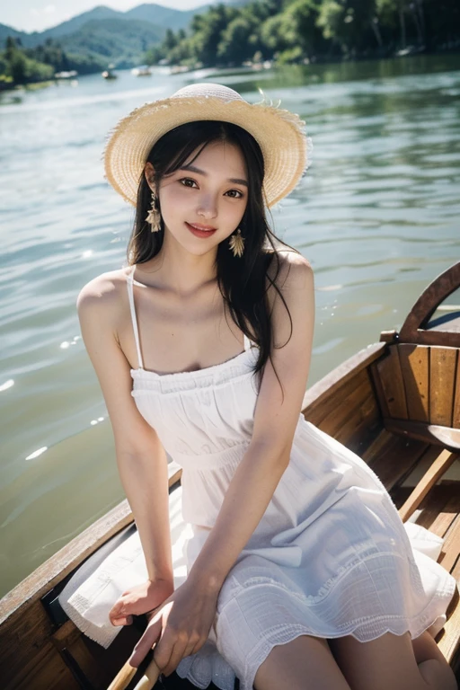 (22 year old Japanese beautiful girl,), (Small breasts:1.5,),(solo,Textured skin, Detailed skin,Detailed face,Detailed eyes,detailed posing,Natural eyebrows,High detail, Highest quality, Super detailed, Surrealism, ,8k,RAW Photos,Photographicism,Professional Lighting,Ray Tracing,Aperture F1.2,Portrait Photography,Natural Light),(((Black Hair, Natural Makeup,Simple earrings,Medium Hair, smile,White dress,White straw hat))),(((Highland lakes,Clear blue lake water,Take a break at a lakeside cafe)))
