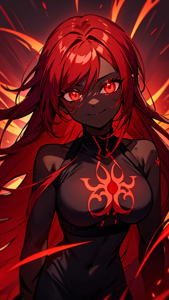 black skin, anime woman, happy, glowing red eyes, glowing red tattoos, long glowing red hair, wearing a black dress