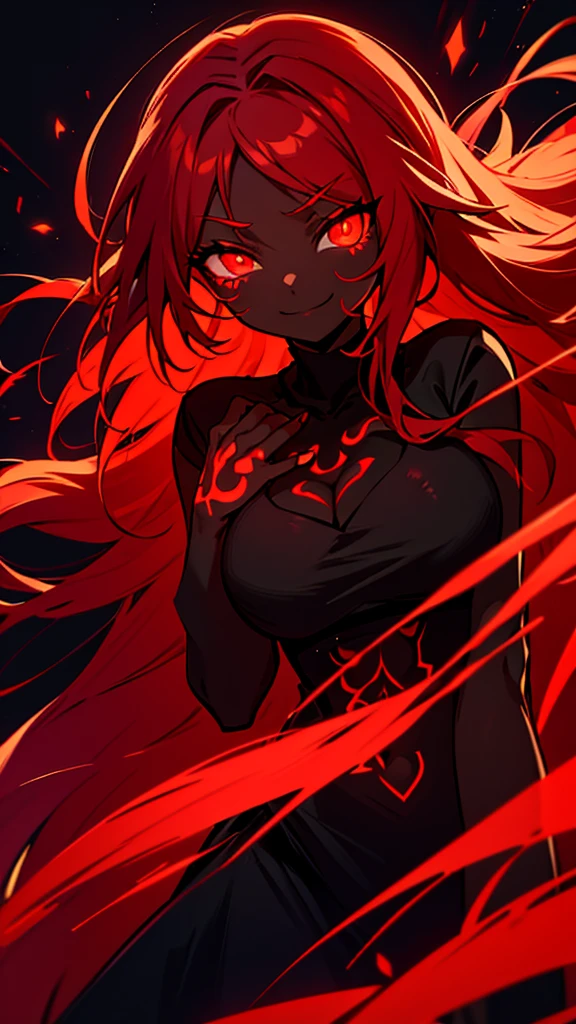 black skin, anime woman, happy, glowing red eyes, glowing red tattoos, long glowing red hair, wearing a black dress