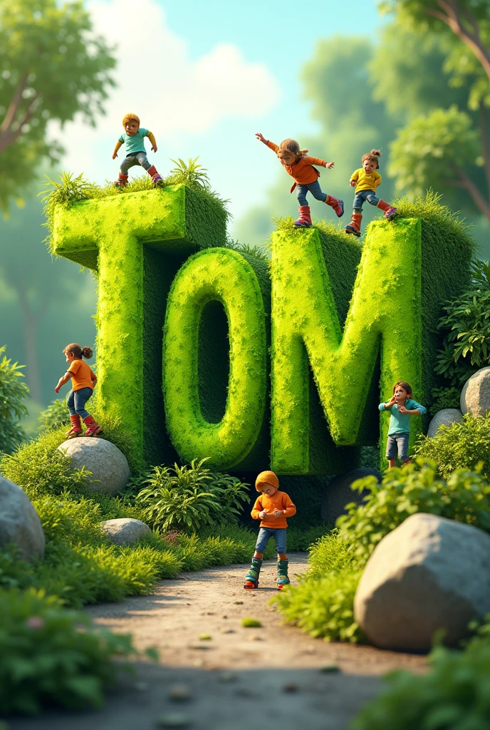 Image of the name "TOM" in color lime green with rollerblades in nature background in each letter