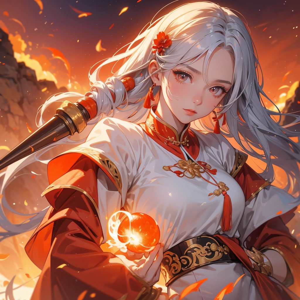 A beautiful female general holding a large spear in white ancient Chinese general costume, Surrounded by a volcano erupting, red and orange, surrounded by volcanic rocks, sunset, close up.