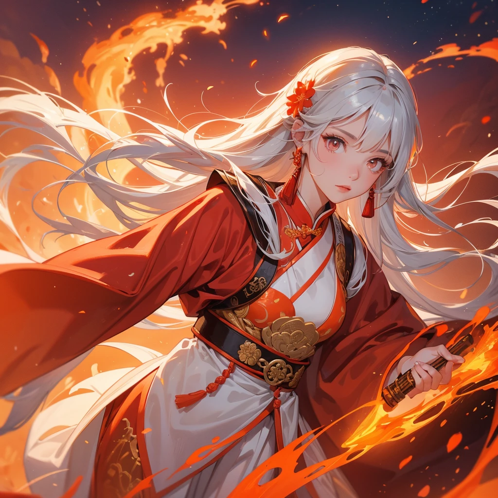 A beautiful female general holding a large spear in white ancient Chinese general costume, Surrounded by a volcano erupting, red and orange, surrounded by volcanic rocks, sunset, close up.