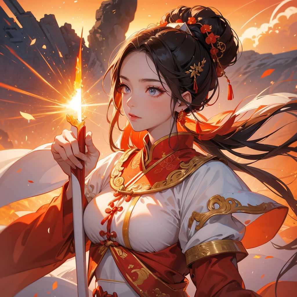 A red ribbon bunches up long gray-white hair,Long hair that hangs straight down at the waist,Crimson flames burned quietly at the ends of their hair,The forehead is red and blue and dyed, and the flower hair card is pinned above,The black reinforcement clings snugly to the skin,The outside is covered with a long-sleeved coat and shawl,Look further down,The arm is equipped with a deformable exoskeleton strengthening device,Extends from the arm to the fingers,It seems that the style belongs to the same equipment as the mechanical spear in her hand