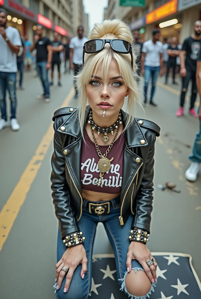 Anglosaxon old milf woman, , blonde platinum hair (beehive bun, black parsley headband), with very light green eyes, extremely pale. Long and thin neck.melt va nilla ice cream on her face, cleavage and lap.Wearing oversized square black maxisunglasses Wearing studded thick cropped black moto jacket (verical zippers on the sides). Black lace push up bra, dark blueskinny, tight low rise jeans (holes in knees). Silver Chelsea boots with cuban heels. Lots of thick wide studded bracelets, chain collars and big rings. Tacky wide studded leather belt, with big skull and bones round buckle. Long earrings with chains. Squatting on a large torm, dirty usa flag, looking at the photographer. Craving heavily. Hands on knees. Waste and trash all over the floor. Her studded leather bag, thron away. Looking at the camera, chin up. Toned abdominals, thin neck, slim legs and thin arms. Neck, chest, belly, hands and arms completely tattoed. Dirt road of Nairobi after the rain, crowded with muscular shirtless men in jeans, street full of puddles and garbage. Her studded black leather bag is a few metres behind her