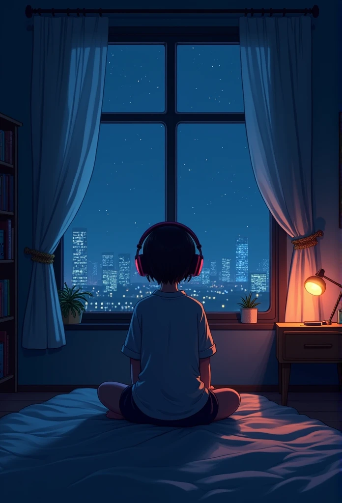 night、Listen to music in a cozy room, Use headphones, 2D Style Anime, Lo-Fi, hard disk, Dark Environment,Makoto Shinkai style