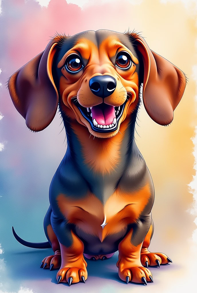 Colorful watercolor painting of dachshund looking happy very realistic abstract photographic, very similar to the image tip