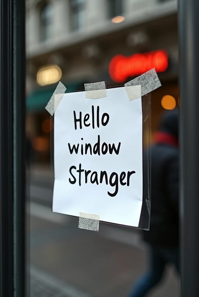 Sign stuck on a building window with adhesive tape that says hello window stranger in Latin Spanish