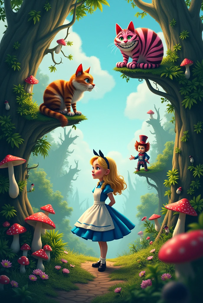 Alice in wonderland poster with nature and smiling cat, the mad hatter, WATCHES

