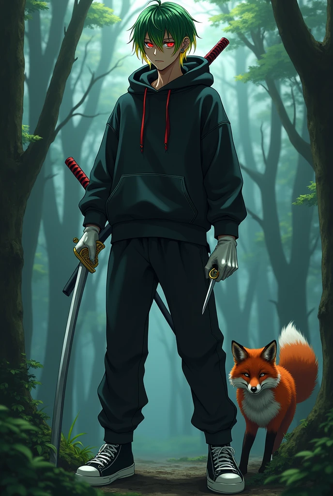 Man with green hair and yellow tips and red eyes with a katana, with a black hooded sweatshirt and soft black pants with white gloves, dark skin tone, but of course, with a psychopathic look, with black and white tennis shoes and 2 small knives, with a fox, with red earrings, anime style, standing posture, In a forest 