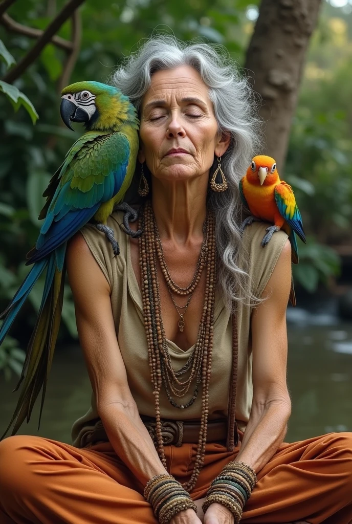 67 year old bohemian and hippie woman with her pets a parrot and a chameleon meditating