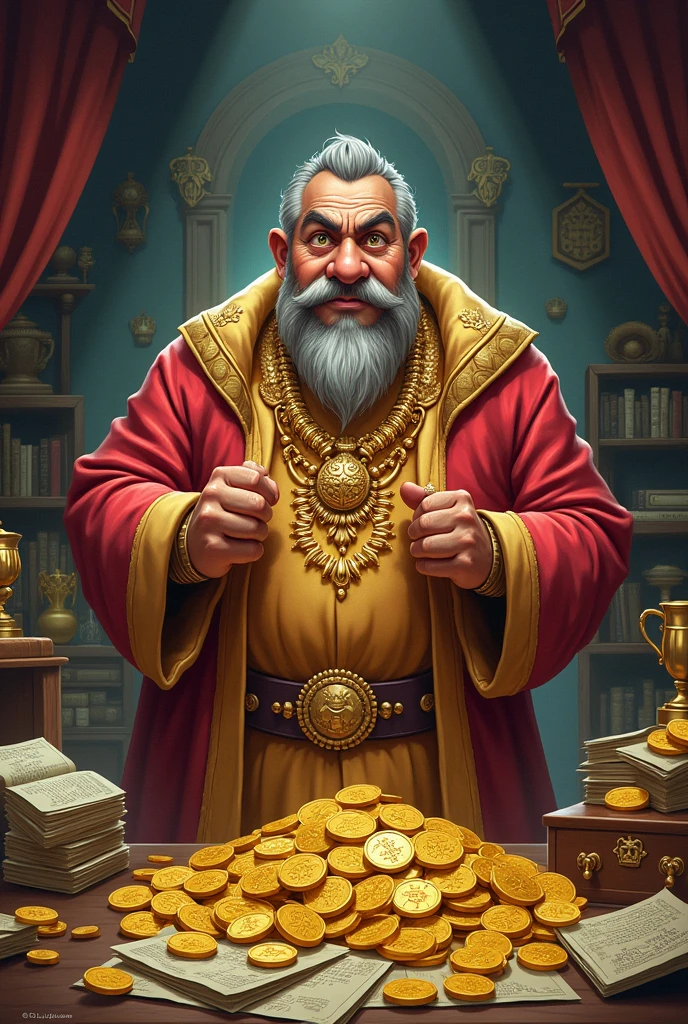 " Despite his wealth, Vardhaman was obsessed with becoming even richer, seeking ways to achieve his dream ."create a cartoon image of this prompt.