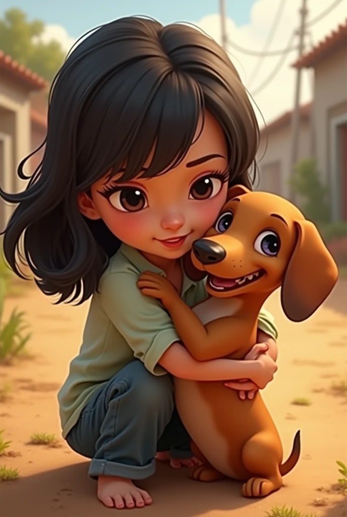 from this platform: "There is a small dachshund that has white spots around the eyes towards the bottom of the mouth, She has a light brown body and a teenager who is hugging her, straight black hair and brunette in Guaranda Ecuador.